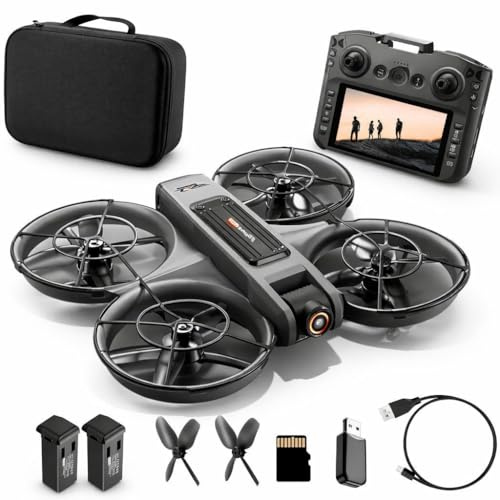 Drohne mit Kamera & Display Fernbedienung, Brushless Motor, Dual Kamera 90° verstellbar, FPV Live-Übertragung, Optical Flow, 360° Flip, LED, Anfänger & Kinder geeignet (Schwarz, Akkus: 2 St.)