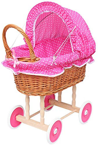 YULKA Puppenwagen aus Weide Holz Weidenwagen Kinderwagen Weidenpuppenwagen Verschieden Motive (ROSA | mit Punkten)