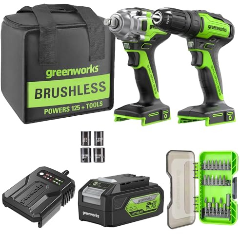 Greenworks Clé à chocs à percussion sans fil 400 Nm, Perceuse sans fil 35 Nm, moteur brushless, avec batterie 4Ah et d'embouts de vissage de 20 pièces