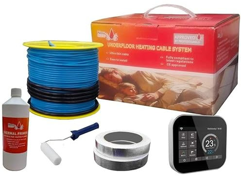 Nassboards Electric Underfloor Heating Cable System 150w – Touch Screen Thermostat & Cable for Under Tiles & Laminate in Conservatory, Bathroom, Safe Insulation – includes Installation Kit