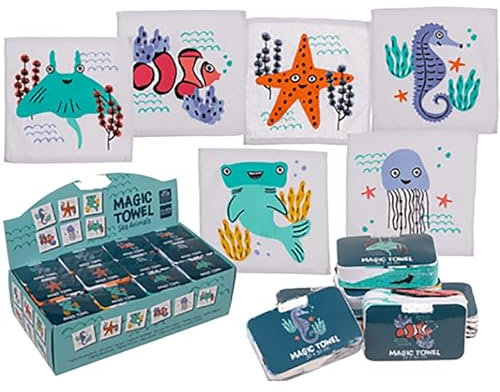 KAMACA - Set di 6 asciugamani magici in cotone, asciugamani magici per bambini, idea regalo per compleanno, regalo per viaggi (set di 6 animali marini)