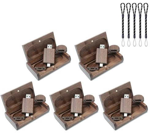 Meiyuexiang 5 unidades de memoria USB C de 8 GB, unidad flash USB C USB 2.0 Stick de alta velocidad tipo C USB C Drive Dual OTG Pen Drive caja de madera de nogal para TV, coche, smartphones, PC,
