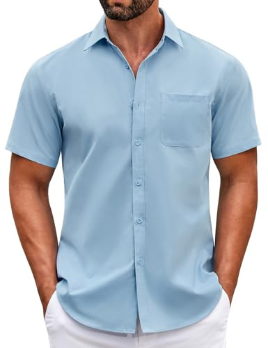 COOFANDY kortärmad skjorta män sommar casual fritidsskjorta regular fit button down basic business skjortor skjorta med ficka, blå, 3XL