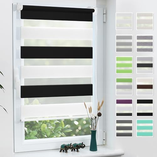Grandekor Store Enrouleur Jour Nuit de Double Tissu, Store Jour et Nuit sans Perçage, Accessoires d'installation Inclus pour Fenêtre ou Porte, 50l x 120L cm, Noir-Blanc