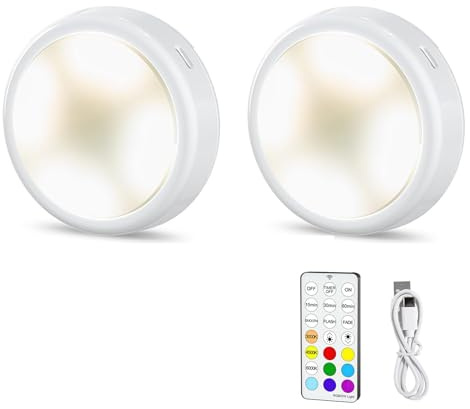LED Spot Akku USB Aufladbar, 2000 mAh Aufladbar Puck Lights mit Fernbedienung, RGB und 3000K/4500K/6000K Vitrinenbeleuchtung, Dimmbar Magnetische Unterbauleuchten für Küche und Regal (Weiß-2 PCS)