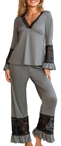 crazy bean Pigiama Donna Manica Lunga e Pantaloni in Pizzo Maglietta Scollo a V Maniche Lunghe con Volant Due Pezzi Leggero Elegante per Primavera Autunno Grigio S