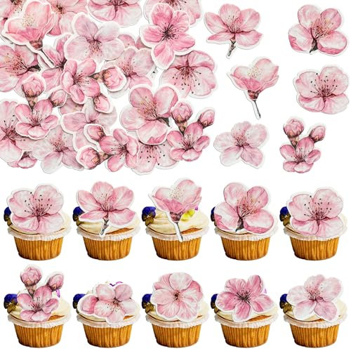 Ephlyn 50Pcs Edible Flowers Cake Topper Cupcake Toppers Wedding Themed Party Baby Shower Birthday Party Cupcake Picks Anniversary Party Decorations Supplies Pink