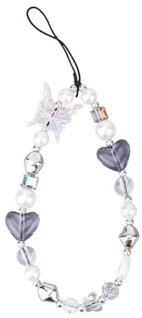 Gosknor Beaded Phone Charm Strap, Cute Y2K Pearl Heart Butterfly Mobile Phone Wristlet Chain Wrist Bracelet Lanyard for Wallets Cameras Keychains Backpacks Accessories