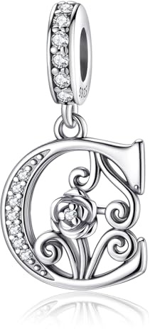 HappyStar 925 sterlingsilver ros bokstavsberlocker alfabet initial pärla berlock passform armband dam smycke present, Sterlingsilver Kubisk zirkonia, Kubisk zirkon