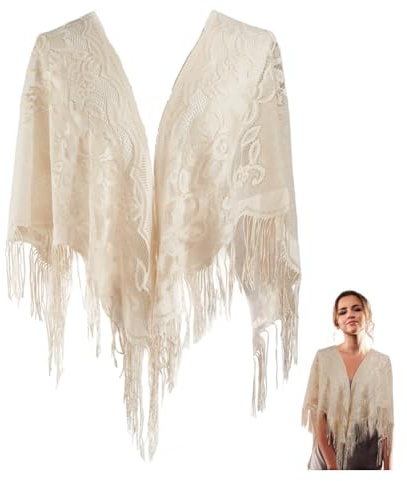 CABODYALS Châle Pashmina en Dentelle Florale Triangulaire Beige Écharpe Étole Tricoté avec Franges Foulard Doux et Léger Élégant Idéal pour Femme Été Robe de Mariage Fête Soirée Cadeaux Accessoires