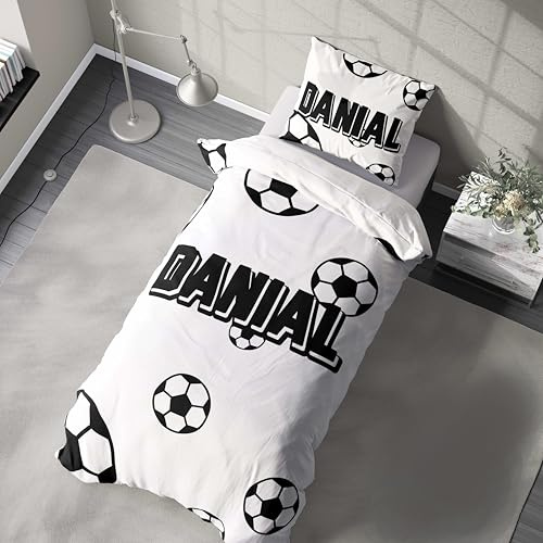 Personalised Football Duvet Cover and Pillowcase Set with Custom Name, Colour and Size – Kids Soccer Bedding for Boys Bedroom – Single Bed Football Fan Gift