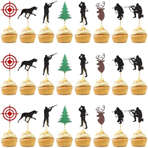 24 Stück Jagdkuchendekoration, Jagd, Cupcake-Topper, Kuchendekoration, Glitzerjagd, Woodland Jagd, Baum, Hirsch und Jäger, zur Dekoration von Geburtstagstorten