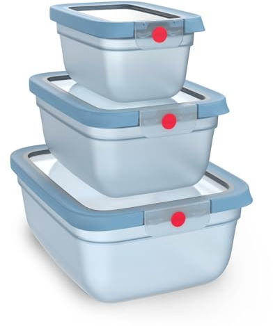 EMSA oneClick, Recipiente para almacenar Alimentos, un Clic, Abrir y Cerrar sin Esfuerzo, 2 Veces más Frescos, 100% hermético, apilables, Set de 3 Piezas Azul, 1x 0,75L, 1x 1,50L, 1x 3,0L, N1231400