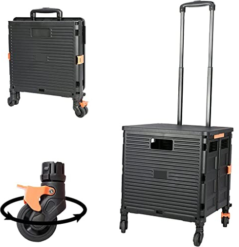 Foldable Utility Cart - Portable Rolling Handcart with Heavy-Duty Plastic, Telescoping Handle & 4 Swivel Wheels for Travel, Shopping, Moving, Office Use