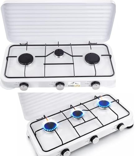 SMH LINE® Gasspis campingspis med 3 lampor utan slang och regulator, 50 mbar, gas, propangas, 5,4 kW, häll, camping, gasflaska, spis, utomhus, spis, bordsspis XL