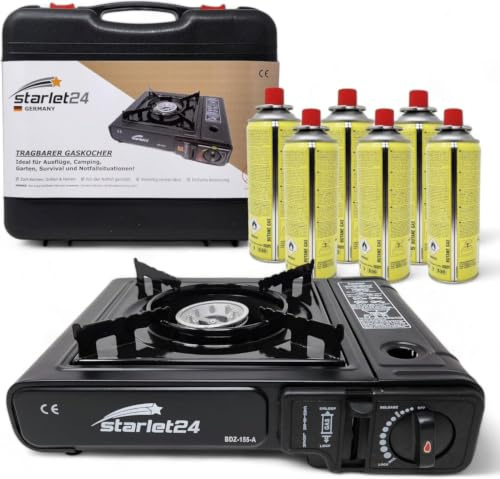 Starlet24® Campingspis-set med 6 gaspatroner och transportväska – perfekt för utomhusaktiviteter som camping och vandring – transportabel och självständig utan el