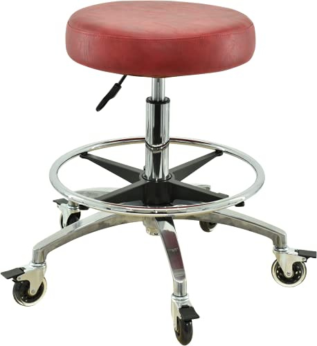 VAKON SALON - Rollhocker Rot mit Fußring und Rollen mit Bremse - Höhenverstellbarer Drehhocker 55-75 cm - Rundhocker Praxishocker Bürohocker