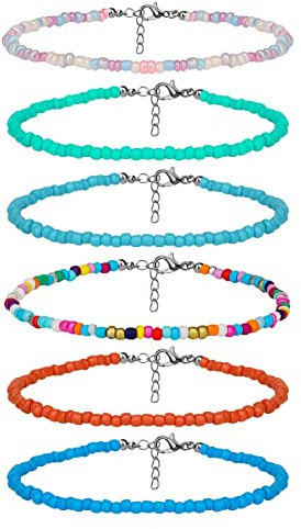 SAVITA 6 Stück 20-25,4cm Fußkettchen Bunt Perlen Fußkettchen für Damen Bunt Fußkettchen Boho Türkis Glasperlen Einstellbar Elastisches Gewinde Geschenke für Frauen Mädchen Strand Urlaub (Stil 4)
