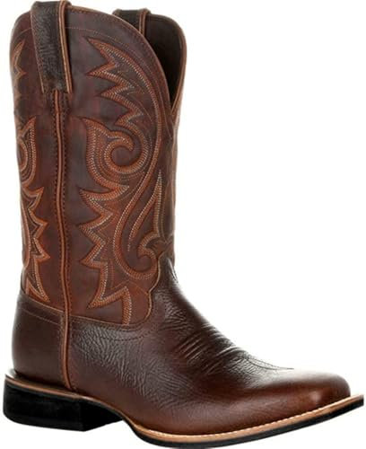 KKPW Herren Cowboystiefel, breit, klassisch, Vintage, mittlere Wade, Westernstiefel, Stickerei, spitzer Zehenbereich, Blockabsatz, Schlupfstiefel, lange Stiefel (Größe: 43EU, Farbe: Braun)