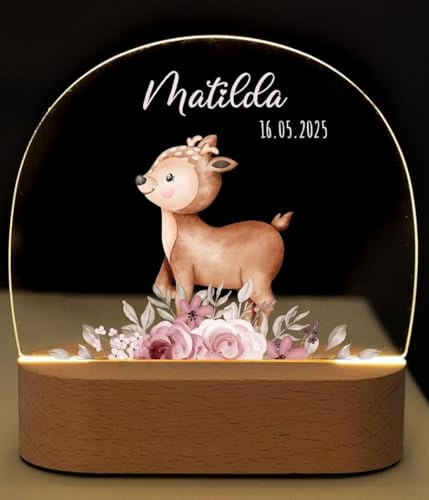 Bärenfreunde® - Personalisiertes Nachtlicht für Babys - Individuelle Nachttischlampe für Kinder - Personalisierte Geschenke Kinder - Babygeschenk - Geschenk zur Geburt (Reh rosa Blumen)