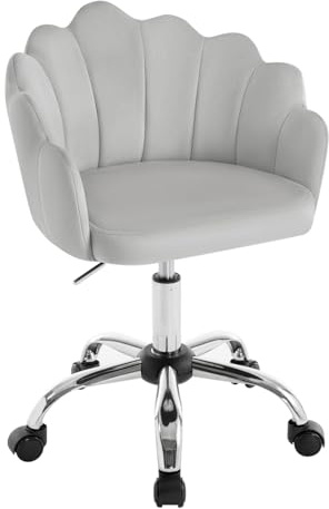 WOLTU Silla de Tocador Terciopelo con Respaldo de Petalos, Silla Giratoria con Ruedas, Ergonómica para Maquillaje, Patas de Metal, Gris Claro