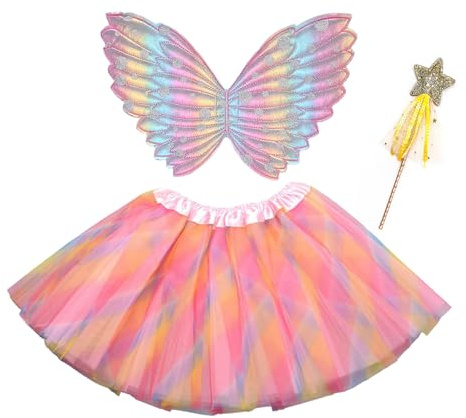 Schmetterlingsflügel Kinder, Rosa Tutu Kleid mit Magic Star Wand Schmetterling Fee Flügel Schmetterling Kleid Kostüm Prinzessin Fee Dress Up für Cosplay Halloween(3-6 Jahre alte Mädchen) (Rosa)