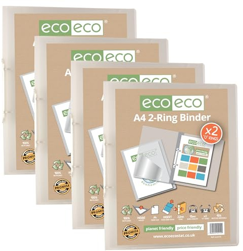 eco-eco A4 95% Recycled Presentation 22mm Spine 2 Ring Binder Clear, Pack of 4, eco112x4