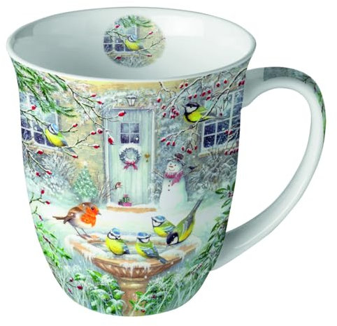 Ambiente Tasse de Noël oiseaux sur bain d'oiseaux en hiver en porcelaine. Tasse à motif pour la table dressée et comme cadeau, 0,4 l x H 10,5 cm