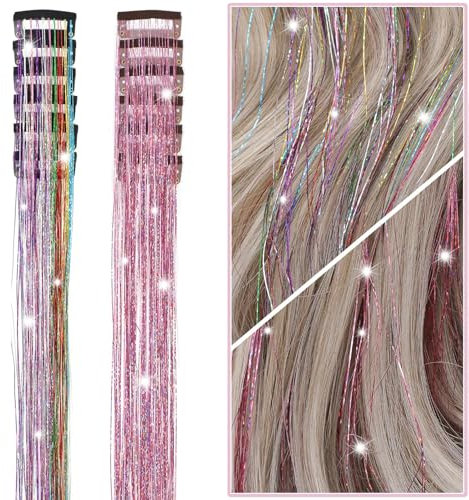 BelleVive 12 Stück Haar-Lametta-Clips zum Anklipsen, Glitzer-Lametta-Haarverlängerungen, Feen-Haarclips zum Anklipsen, hitzebeständig, funkelnde Haar-Accessoires für Frauen und Kinder