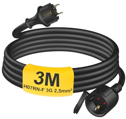HUARUI Verlängerungskabel Outdoor 3m mit Schutzkappe H07RN-F 3G 2,5 mm², Gummi Stromkabel Verlängerung mit Schuko Stecker für den Außenbereich IP44, Elektrokabel außen, 3500W, 16A 250V, Schwarz