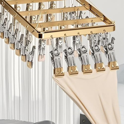 Antivento pieghevole rettangolare stendino, Clip in acciaio inox stendino per calzini con 36 clip, Stendibiancheria Con Gancio Girevole, Antivento, Per Calze, Biancheria Intima(36 mollette) (oro)