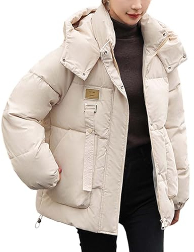Generisch Damen Winterjacke mit Kapuze und Schleifenverzierung, Leichter, Warmer Mantel für kaltes Wetter, Kurze Oberbekleidung (Beige, L)