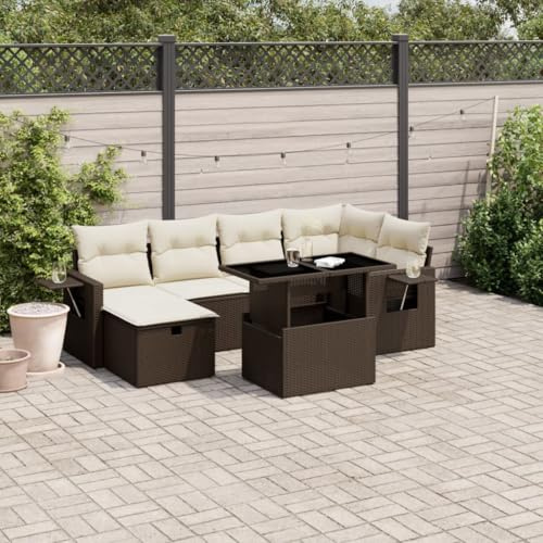 LoogCape 7-Piece Garden Sofa Set, Brown Poly Rattan with Adjustable Table, Outdoor Lounge Set for Patio, Balcony & Garden, UV-Resistant Corner Sofa Group with Cream White Cushions