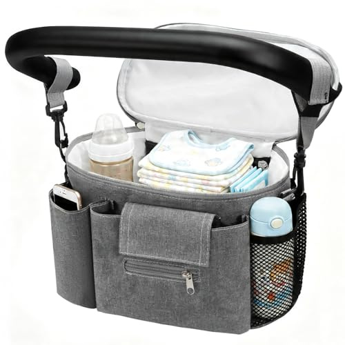 Jeinbuil Kinderwagen Organizer Universal Buggy Tasche Verstellbare Kinderwagentasche Baby Zubehör mit Trinkflaschentasche und Handytasche
