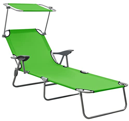 mtlskopl Lettino da giardino con tettuccio parasole, pieghevole, schienale regolabile, a tre gambe, in acciaio e tessuto, portata 120 kg, per giardino, balcone, spiaggia, verde, 71,5 x 188 x 27 cm