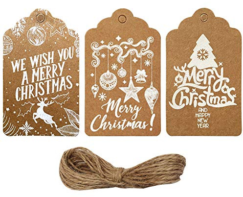 150 Recyclable Brown & Red Gift Tags with String - Biodegradable Paper, White Christmas Wrapping Accessories