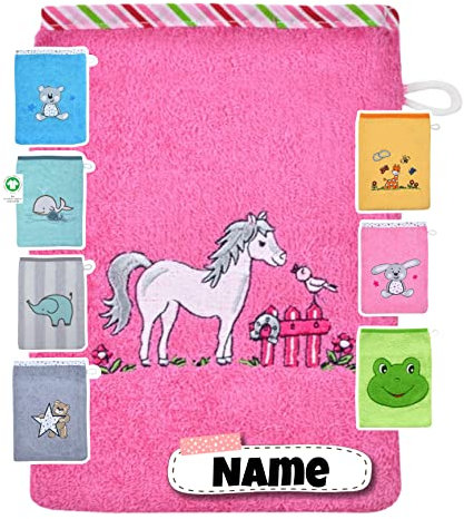 Baby Waschhandschuh personalisiert | 15x20 cm | Waschlappen Kinder mit Namen bestickt | 100% Baumwolle | Frottee | Baby Geschenke (Pferd rosa)