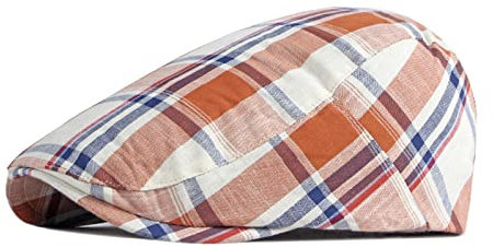 QBQZXAOSOWH Barett Cap Flache Kappe Klassische Karierte Baskenmütze Für Männer Und Frauen Entenschnabelmütze Schirmmütze Weiblich Kariert Stilvoll Ballonmütze Verstellbar 55 Bis 60 cm Orange
