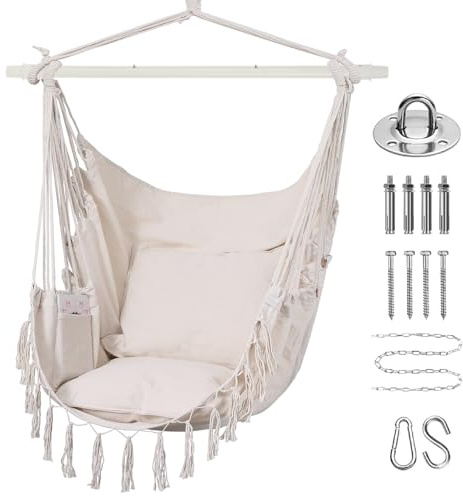 Goutime Hängesessel, Hängeseil, Deckenschaukel mit 2 Kissen, Makramee-Boho-Hängesessel für drinnen und draußen, Schlafzimmer, draußen, Garten, Balkon, Hof, Deck, max. 150 kg (Beige)