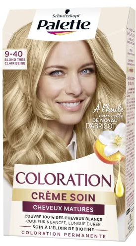 Schwarzkopf Palette – Permanente Färbung – Pflegecreme für reifes Haar – deckt 100% des weißen Haares ab – langanhaltende Nuance-Farbe – Aprikosenkernöl – sehr hellblond beige 9-40