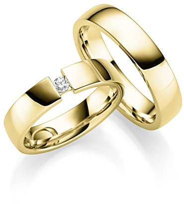 JC Trauringe | Paarpreis | Eheringe 925 Sterling Silber vergoldet | 1 Zirkonia Stein Spannring-Optik Nickelfrei Made in Germany Partnerringe Freundschaftsringe Gratis Gravur + Etui | ICT238-GP