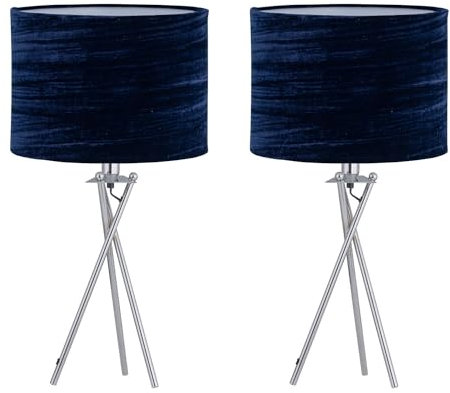 firstchoicelighting Set of 2 Polished Chrome Tripod Table Lamps or Bedside Lights, Modern, Navy Blue Crushed Velvet Shade, Height 52cm, LED Compatible