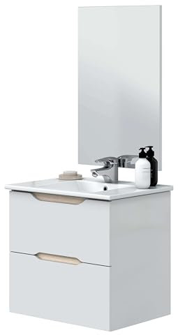 Miroytengo Mueble de Baño 60 cm Curvas 2 Cajones con Lavabo Blanco Brillo y Roble