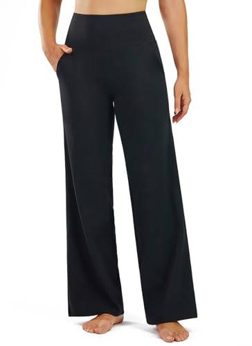 PERSIT Yoga Pants Straight Wide Leg Trousers for Women - High Waist Stretch Tummy Control Pants Yoga Trousers 29'' Suitable for Gym, Casual, Jogging, Yoga Black S