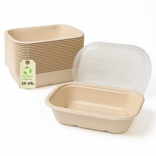 Greenkaufen 50 Stück Bagasse Schalen 700 ml mit PET-Deckel – Einweg To-Go Bowls aus Zuckerrohr – Kompostierbar, fettresistent, mikrowellengeeignet – Für Zuhause, Catering & Takeaway