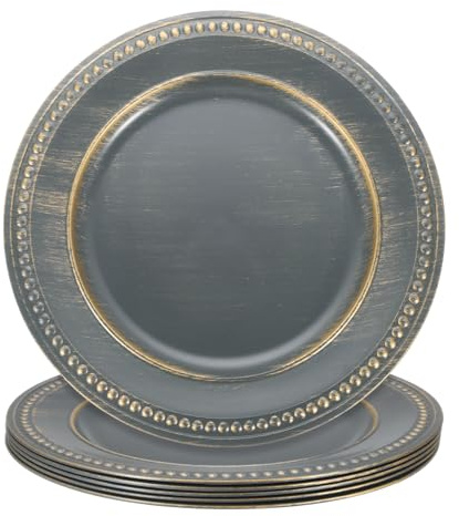 sourcing map 6pcs Vintage Charger Plates Bulk, 13 Inch Plastic Beaded Chargers for Dinner Plates Set Round Plate Charger for Wedding Party Event Table Setting Decoration, Bronze