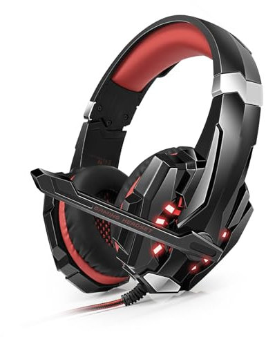 Plyisty Casque de Jeu USB pour PC, Annulation de Bruit sur Les écouteurs d'oreille avec Micro, Lumière LED, Casque D'Ordinateur câblé pour Ordinateur Portable, Bureau (Noir et Rouge)