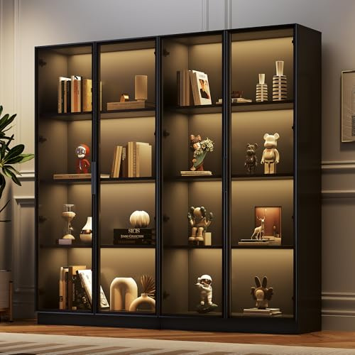 Lexiou Glasvitrine mit APP LED-Beleuchtung, doppeltürige Vitrine mit beweglichen Einlegeböden, 80x40x160cm,Hochschrank für Wohnzimmer, Standvitrine,Badezimmerschrank (2)
