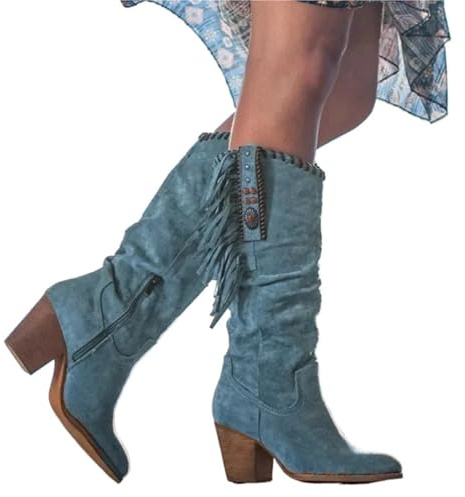 Botas Cowboy Camperas Altas Mujer Botas Altas hasta la Rodilla con borlas Vintage for Mujer, de Gamuza sintética, con tacón Cuadrado, Estilo Western, Botines Cortos con Punta Puntiaguda, Talla Grande