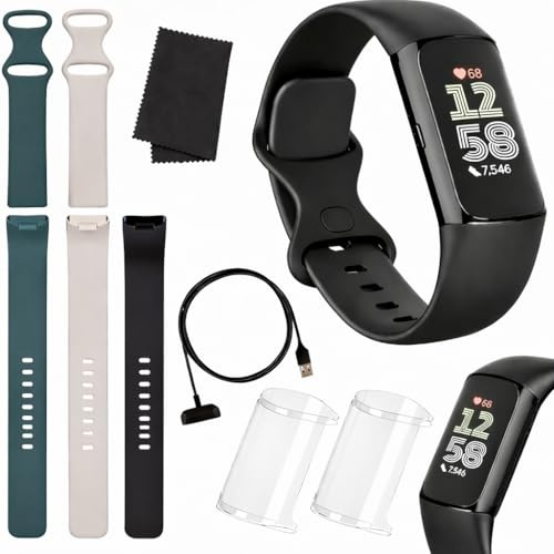 Fitbit Charge 6 Fitness Tracker (Bundle) – Black/Obsidian – Heart Rate, GPS, Sleep & Stress Tracking + Fast Charger, & Cleaning Cloth (Black)